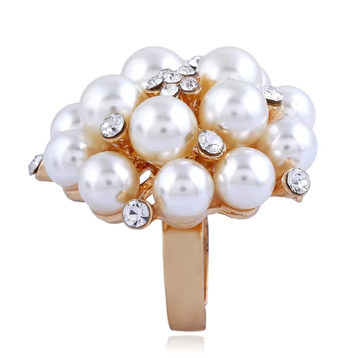 Elegant Faux Pearls & Gold CZ Accents Adjustable Statement Cocktail Finger Ring