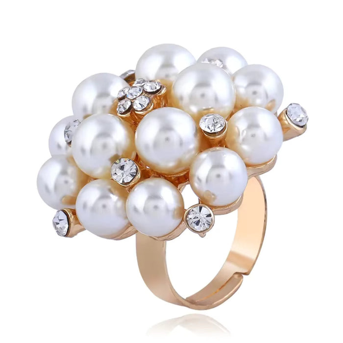 Elegant Faux Pearls & Gold CZ Accents Adjustable Statement Cocktail Finger Ring