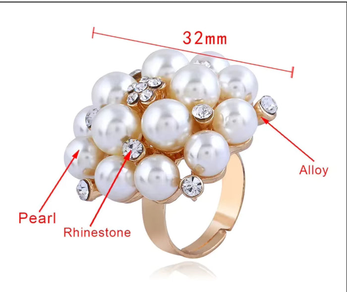 Elegant Faux Pearls & Gold CZ Accents Adjustable Statement Cocktail Finger Ring