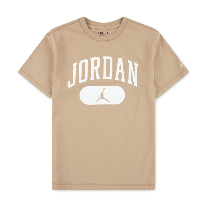 Youth tan wash tee with JORDAN graphic and jumpman logo on front