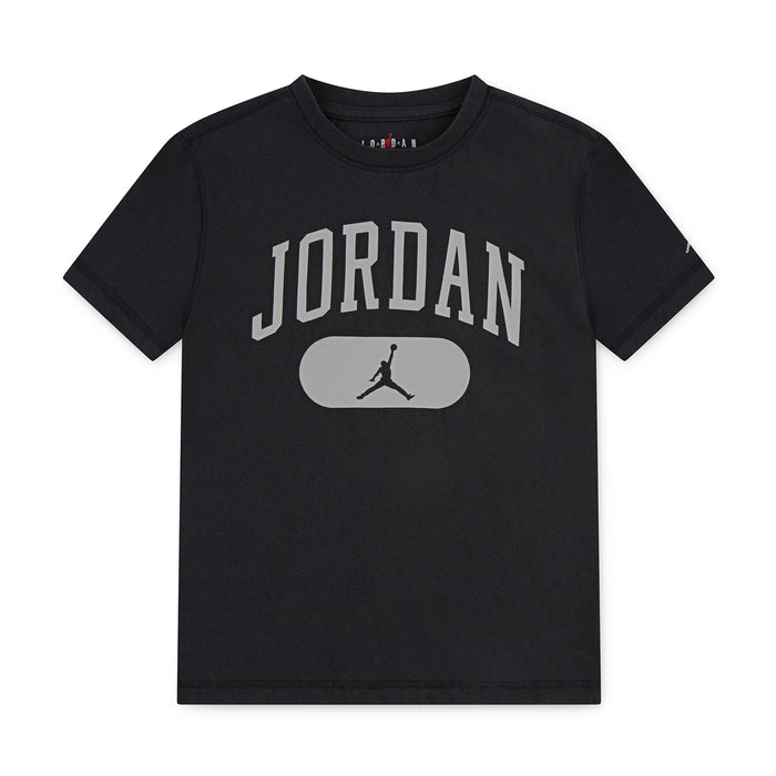 Youth Jordan graphic wash tee in dark black, Jordan text over gray oval with Jumpman.