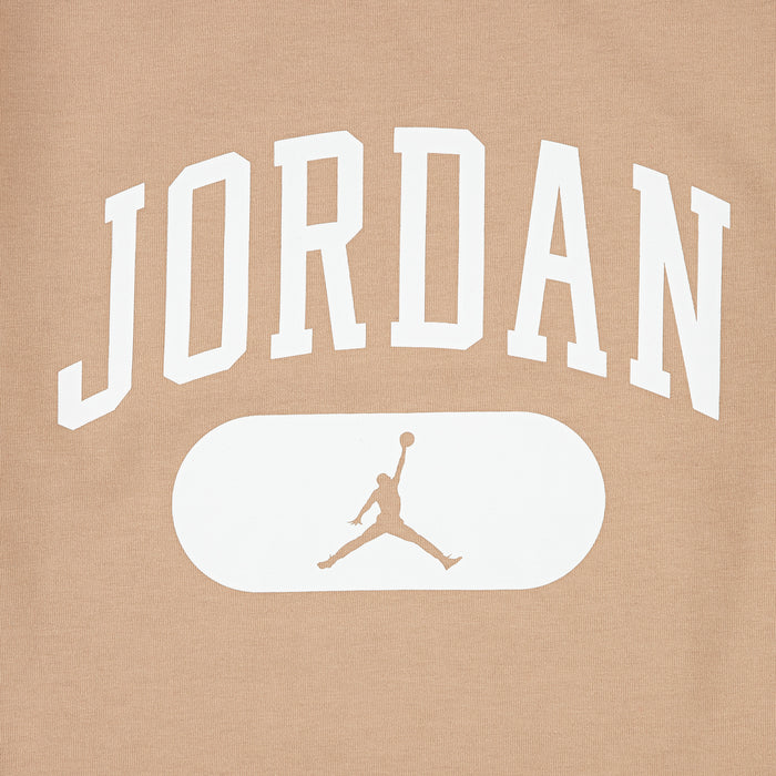 Youth tan wash tee close-up of JORDAN text and jumpman silhouette oval