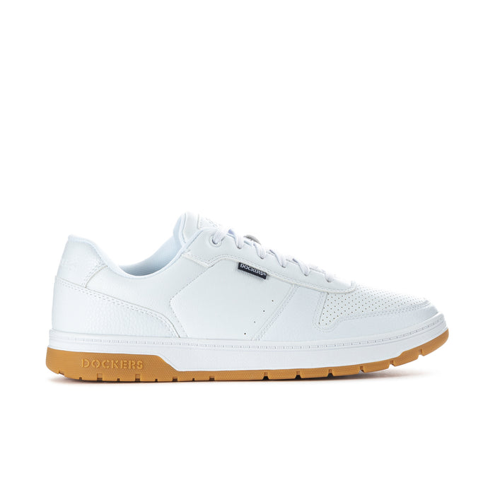 Men's white low-top lace-up sneaker with perforated panels and gum rubber sole
