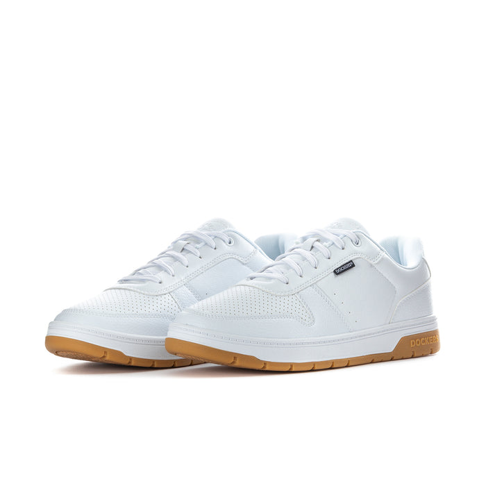 Men's white lace-up low-top sneaker with perforations and gum rubber outsole