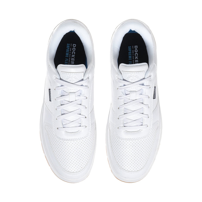 Pair of men's white sneakers with white laces and blue-lined tongue
