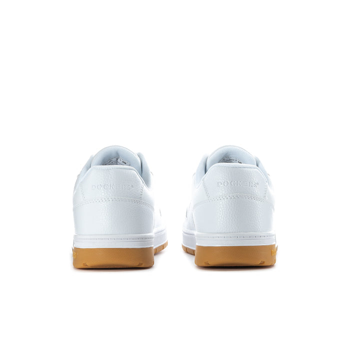 Men's white low-top sneakers shown from the heel with gum rubber sole