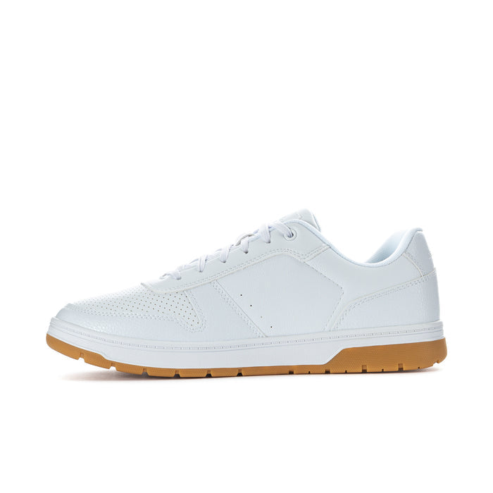 Men's white low-top lace-up sneaker with perforated toe and gum rubber outsole