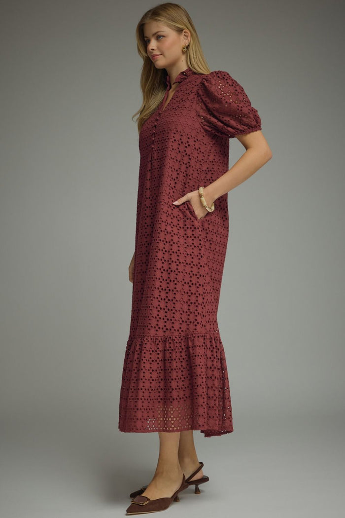 Entro Eyelet Ruffle Sleeve Midi Dress