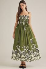 Entro Olive Floral Smocked Maxi Dress