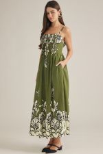 Entro Olive Floral Smocked Maxi Dress