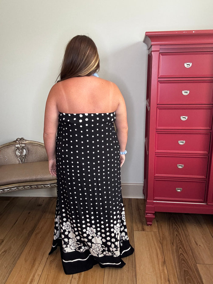 Entro Strapless Polka Dot Floral Border Maxi