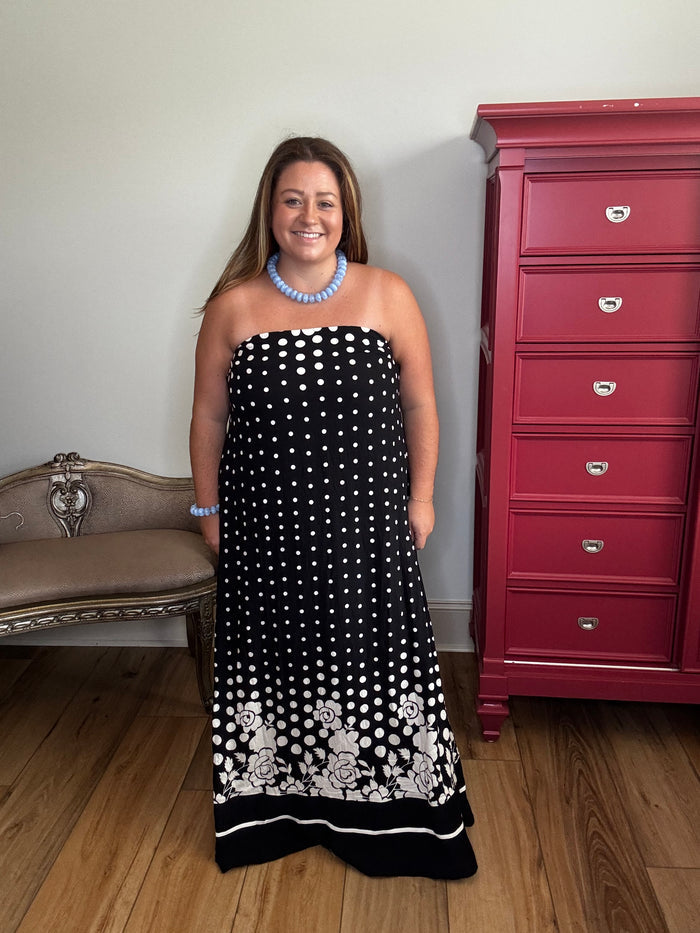 Entro Strapless Polka Dot Floral Border Maxi