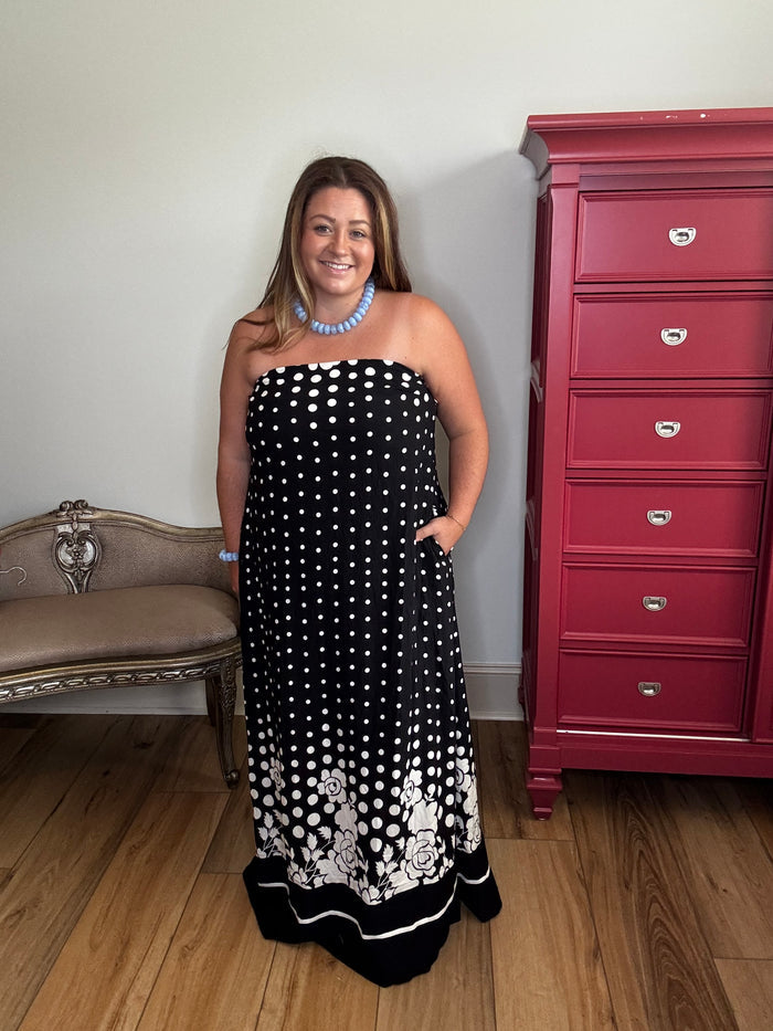 Entro Strapless Polka Dot Floral Border Maxi