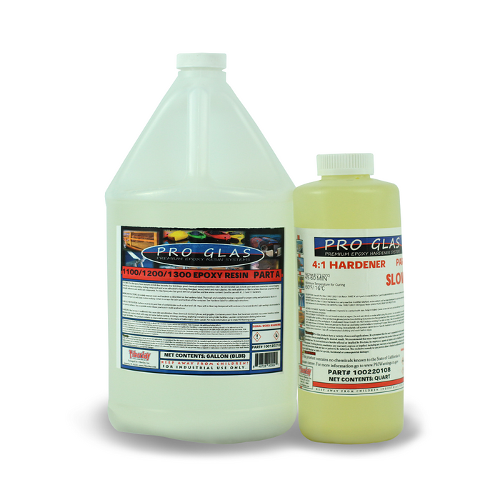 Light colored 4:1 epoxy resin kit. Gallon Part A next to quart of Part B.