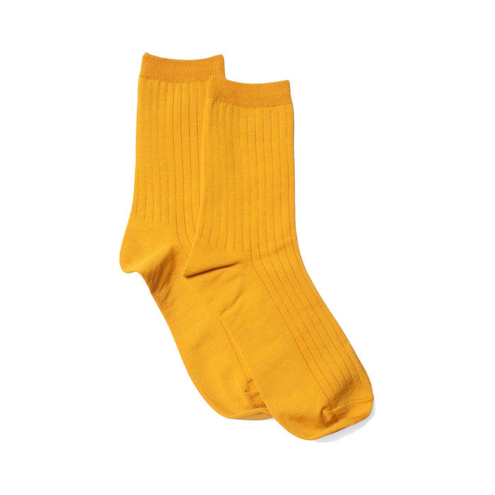 Ribbed crew socks in mustard yellow, ankle length, elastic knit cuff