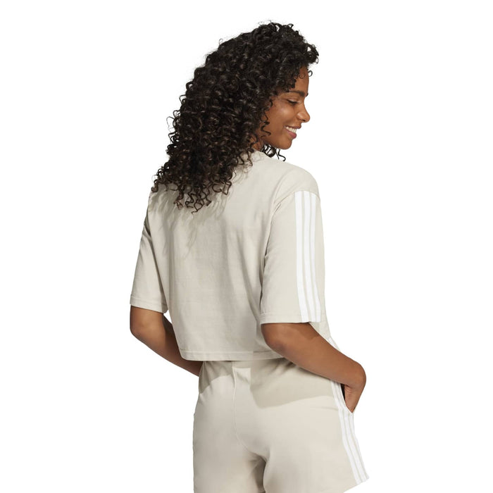 Women’s light cream loose t-shirt with 3-stripe sleeve detail, relaxed fit, side view