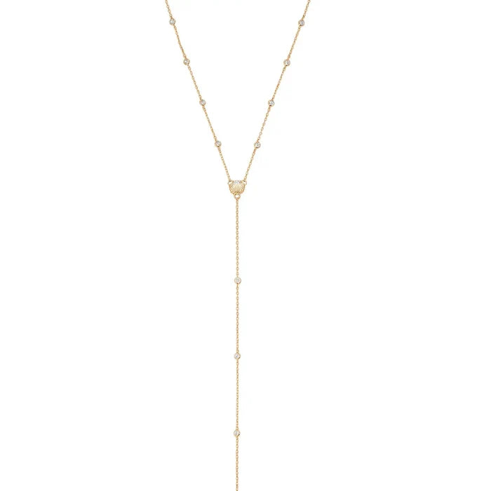 Ettika Santorini Shell Lariat Necklace – 18K Gold Plated CZ Drop Necklace