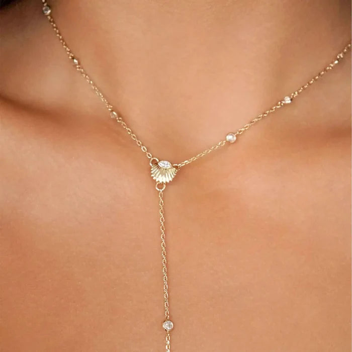 Ettika Santorini Shell Lariat Necklace – 18K Gold Plated CZ Drop Necklace