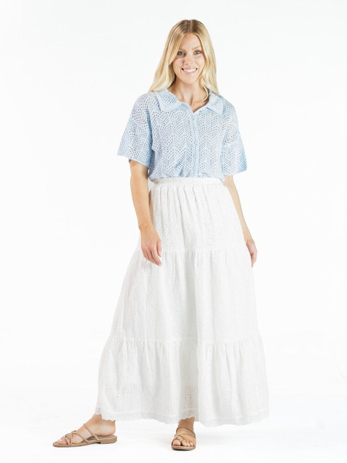 Simply Southern eyelet maxi skirt with floral eyelet pattern and flowy design, perfect for casual summer wear.
