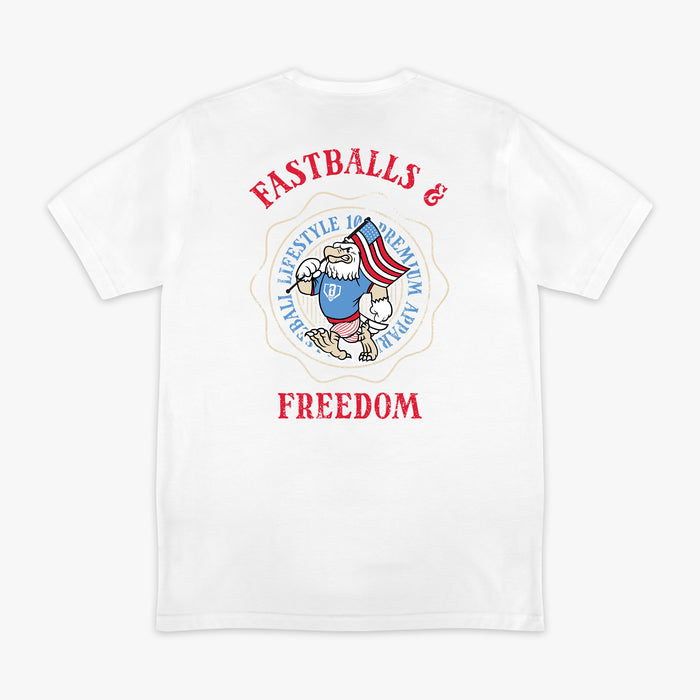Graphic tee with “Fastballs & Freedom” design — back view
