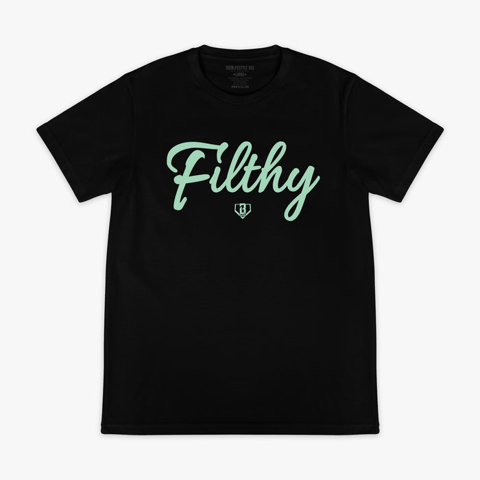 Black and mint Filthy graphic tee — front view