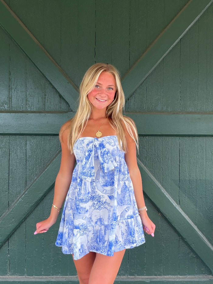 Fiona Blue Toile Strapless Mini Dress