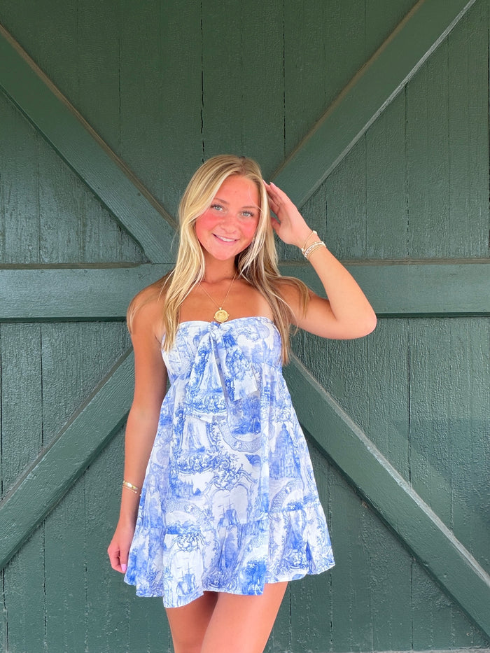 Fiona Blue Toile Strapless Mini Dress