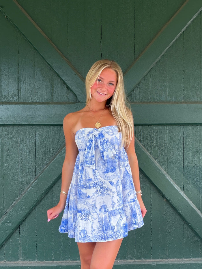 Fiona Blue Toile Strapless Mini Dress
