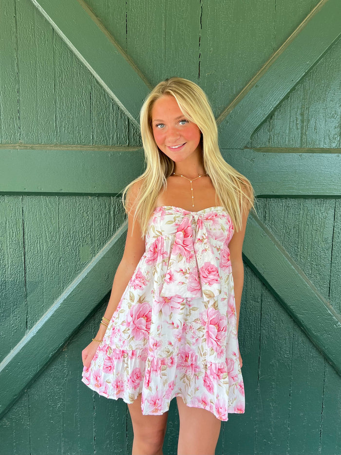 Fiona Pink Floral Strapless Eyelet Mini Dress