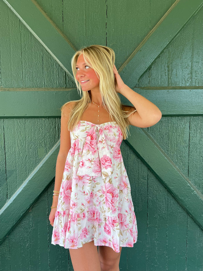 Fiona Pink Floral Strapless Eyelet Mini Dress