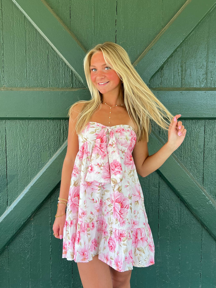 Fiona Pink Floral Strapless Eyelet Mini Dress