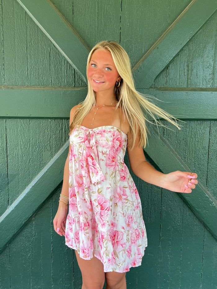 Fiona Pink Floral Strapless Eyelet Mini Dress