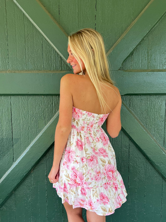 Fiona Pink Floral Strapless Eyelet Mini Dress