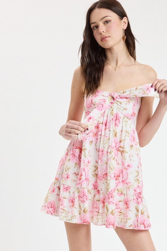 Fiona Pink Floral Strapless Eyelet Mini Dress