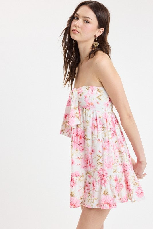 Fiona Pink Floral Strapless Eyelet Mini Dress