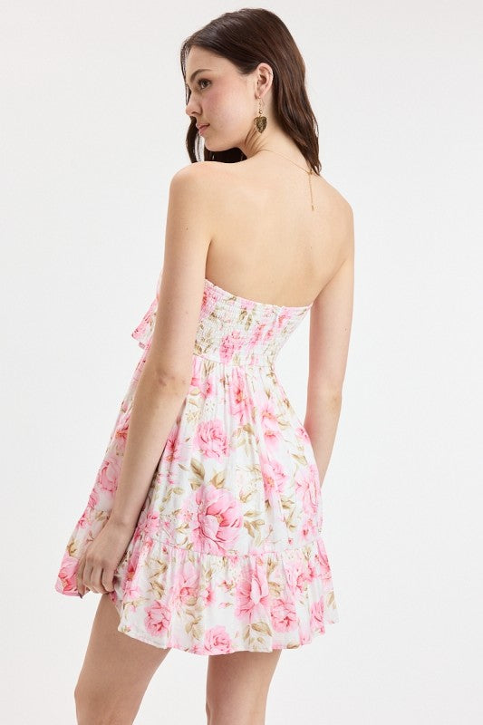Fiona Pink Floral Strapless Eyelet Mini Dress