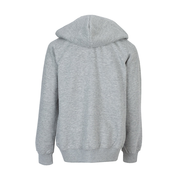 Youth heather grey fleece zip-up hoodie, back view with hood