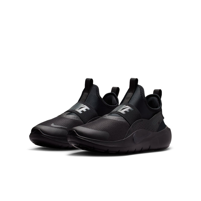 Youth black slip-on running sneaker with rear pull tab and stacked sole