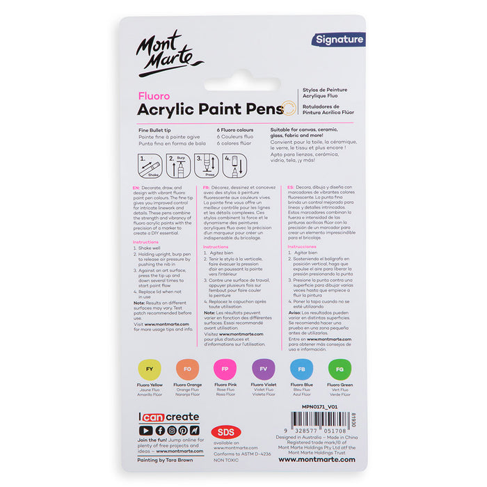 Fluoro Acrylic Paint Pens Fine Tip Signature 6pc