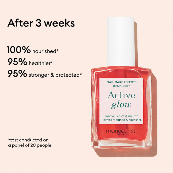A bottle of Manucurist French Manicure Glow is shown with text: After 3 weeks, nails are 100% nourished, 95% healthier, and 95% stronger  protected (test on 20 people). Get a gel-like shine perfect for French manicures.