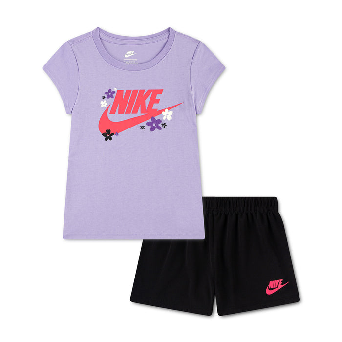 Kids mesh short set: lavender T-shirt with multicolor Nike logo, black shorts