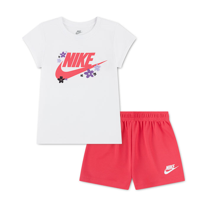 Kids short set with white graphic T-shirt and pink/red mesh shorts, Nike branding