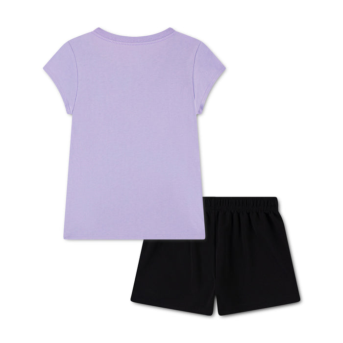Kids mesh short set: lavender back T-shirt with black shorts