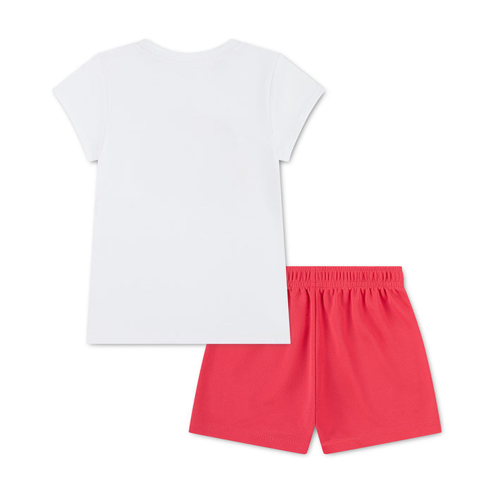Kids short set with white back T-shirt and pink/red mesh shorts with Nike logo