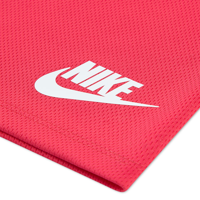 Pink/red mesh shorts with white Nike swoosh logo on textured fabric