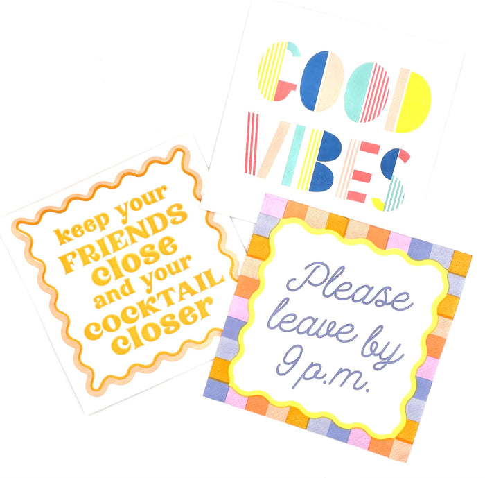 Set of 20 funny cocktail napkins by Soiree Sisters featuring humorous "Keep Your Friends Close" design for parties and gatherings.