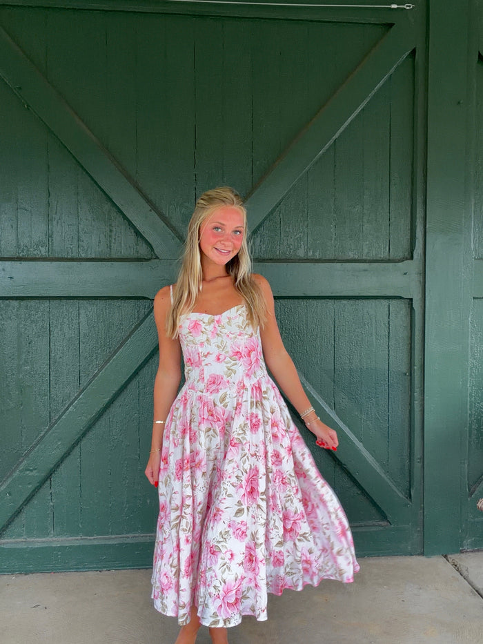 Garden Party Midi Dress - Pink Eyelet