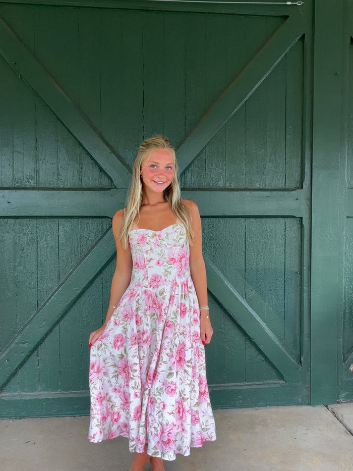 Garden Party Midi Dress - Pink Eyelet