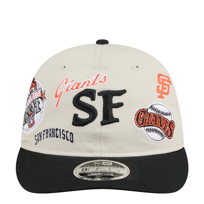 Two-tone baseball cap with cream crown, black brim, Giants logo front