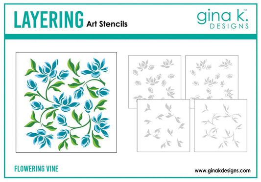 Gina K. Designs - Layered Stencil - Flowering Vine. Gina K. Designs Art Screens can be used with ink, sprays, pastes, and gels to create beautiful backgrounds and images. Available at Embellish Away located in Bowmanville Ontario Canada.